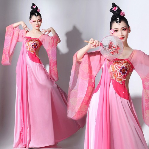 Women Girls Chinese Pink Fairy Hanfu Traditional classical dance performance costume flowing Tang Dynasty Ancient Empress queen Sun Ke dance costume long Skirt